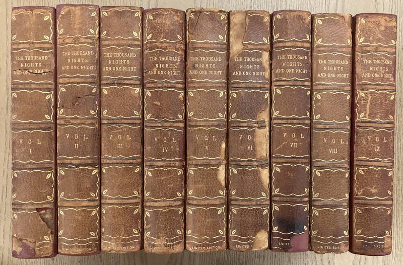 PAYNE, JOHN. THE BOOK OF THE THOUSAND NIGHTS AND ONE NIGHT: NOW FIRST COMPLETELY DONE INTO ENGLISH PROSE AND VERSE, FROM THE ORIGINAL ARABIC, BY JOHN PAYNE (AUTHOR OF “THE MASQUE OF SHADOWS,” “INTAGLIOS,” ..... “NEW POEMS,” ETC. ETC.). IN NINE VOLUMES.